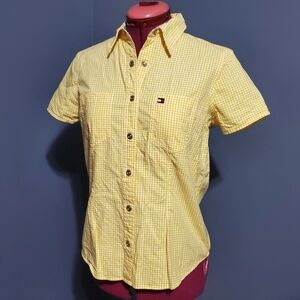 Tommy Hilfiger Womens Top Yellow White Check Plaid Snap Button Front Collar Sz 4